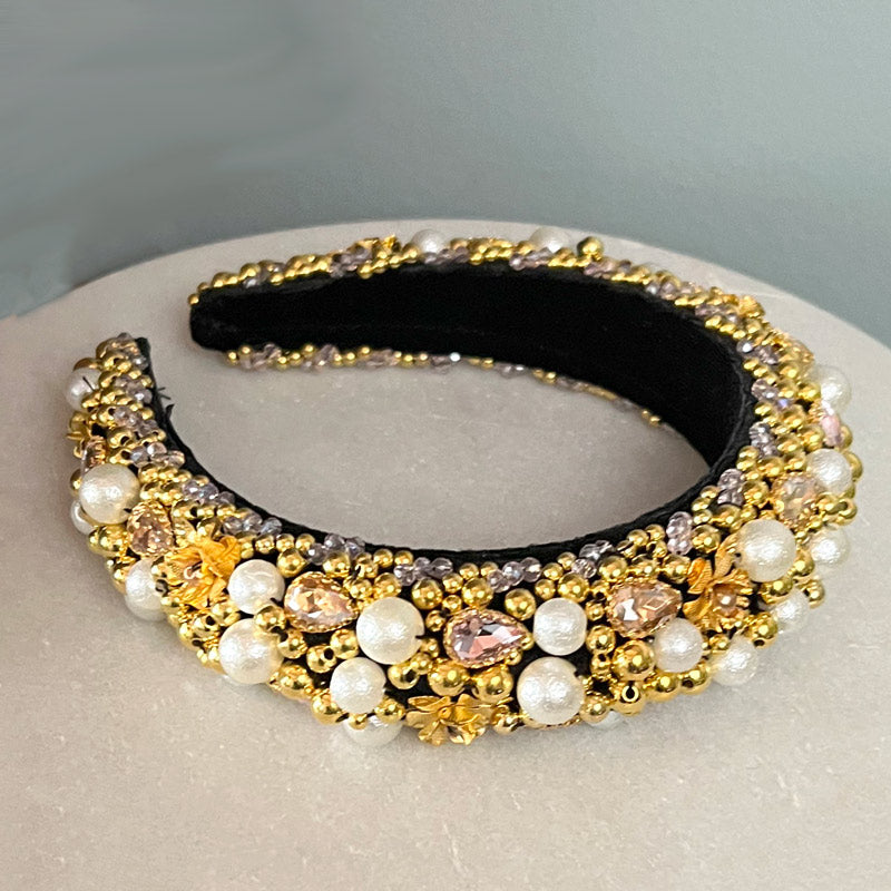 Camelia Beaded Headband – Pearl & Gold
