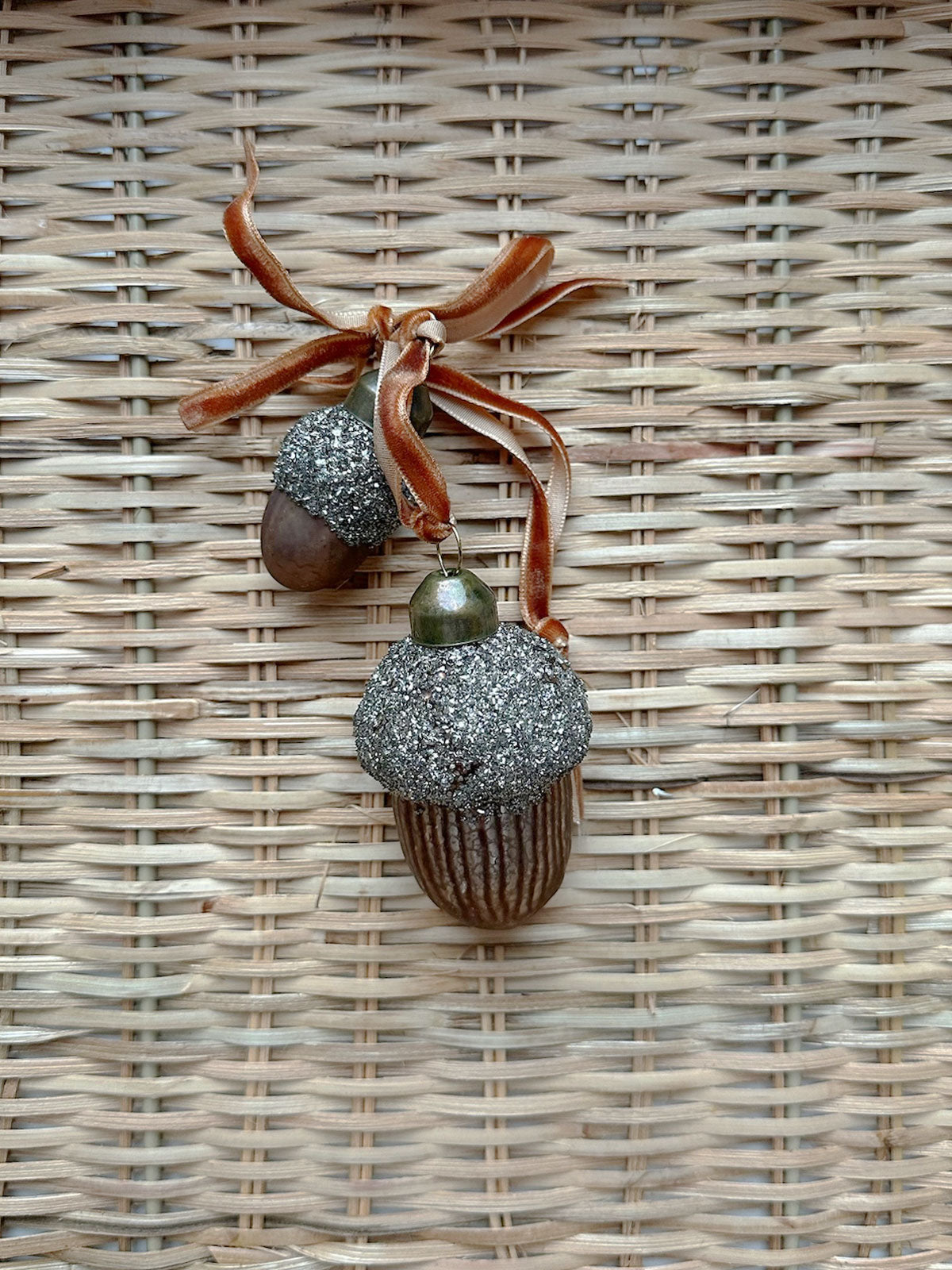Glass Acorn Ornament Set with Velvet Ribbon