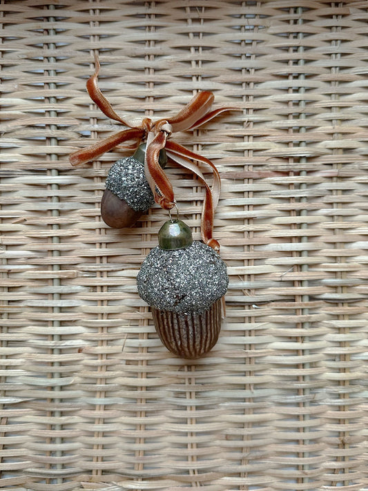 Glass Acorn Ornament Set with Velvet Ribbon