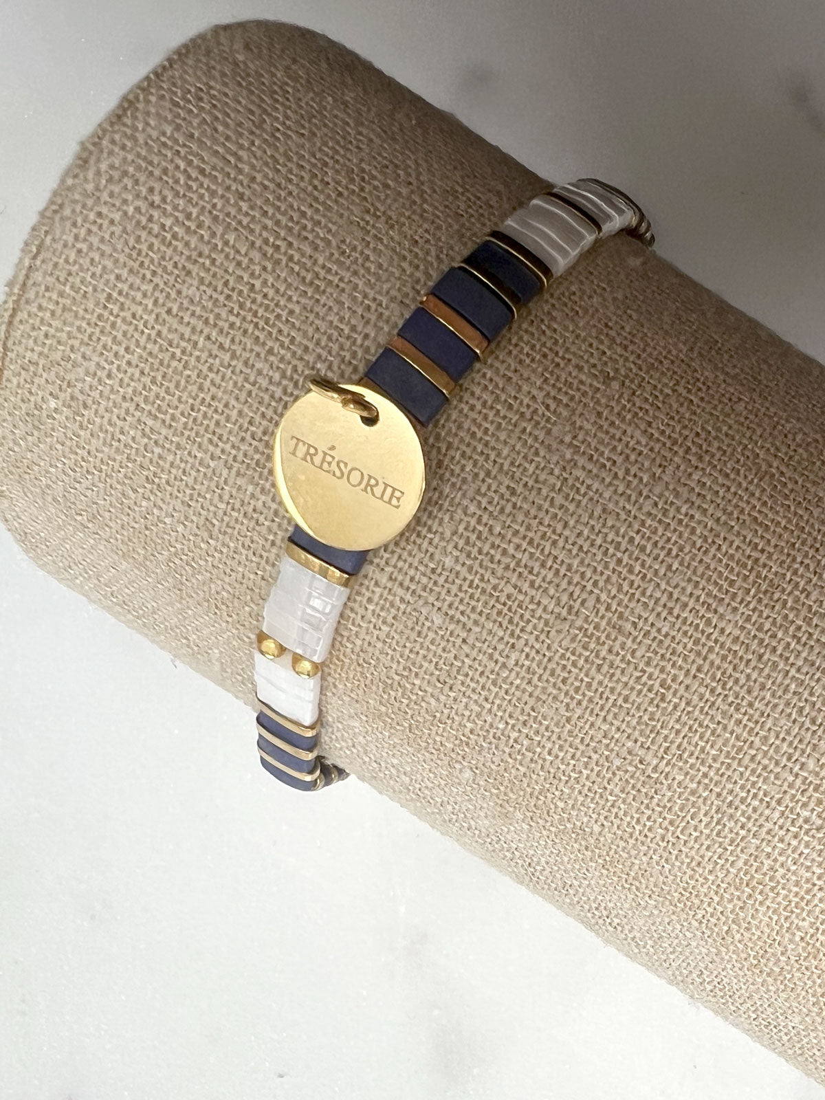Glass tile bracelet navy-white-gold