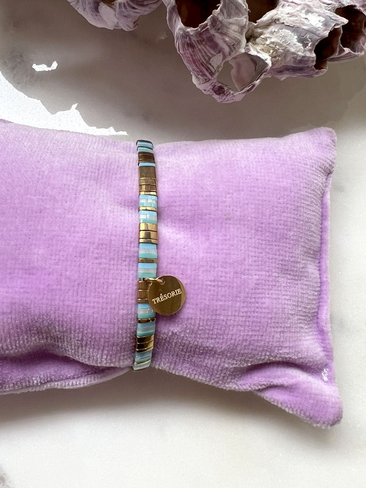 Glass tile bracelet Blue-white-gold