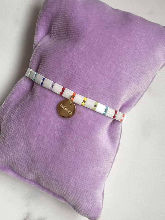 Glass tile bracelet white + rainbow