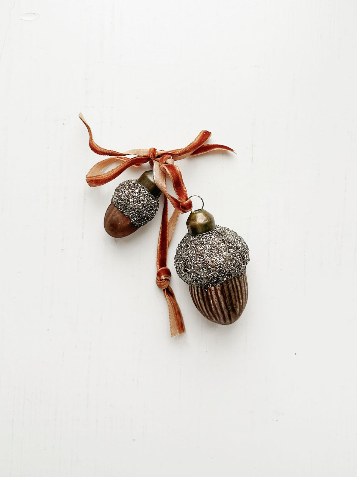 Glass Acorn Ornament Set with Velvet Ribbon