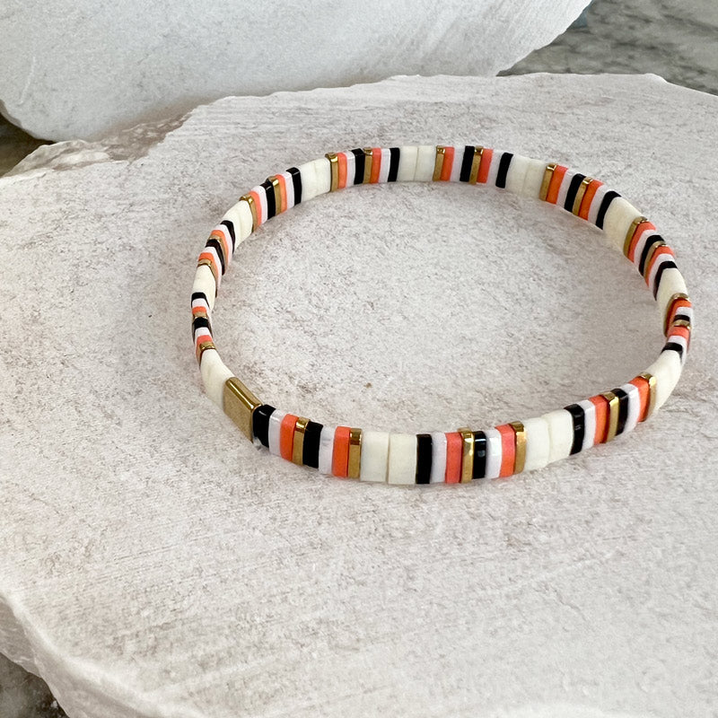 Glass tile bracelet white-orange-black