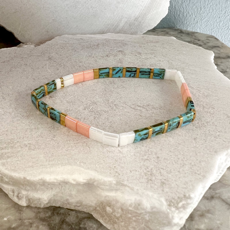 Glass tile bracelet white turquoise-blush-gold