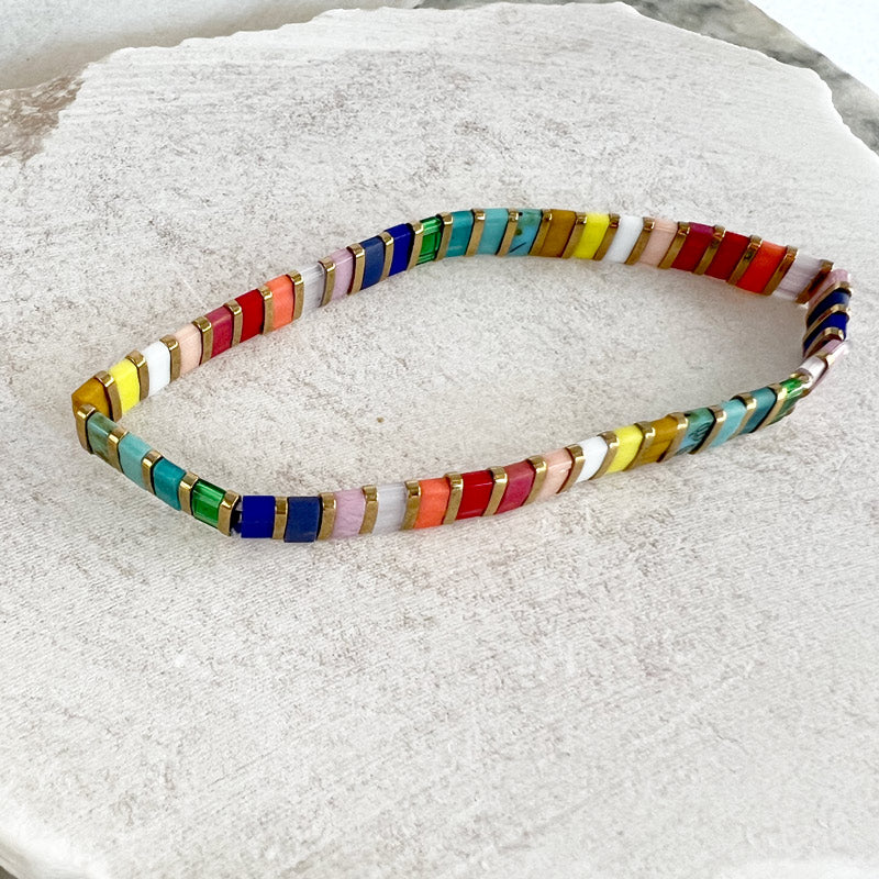 Glass tile bracelet multicolor rainbow - gold