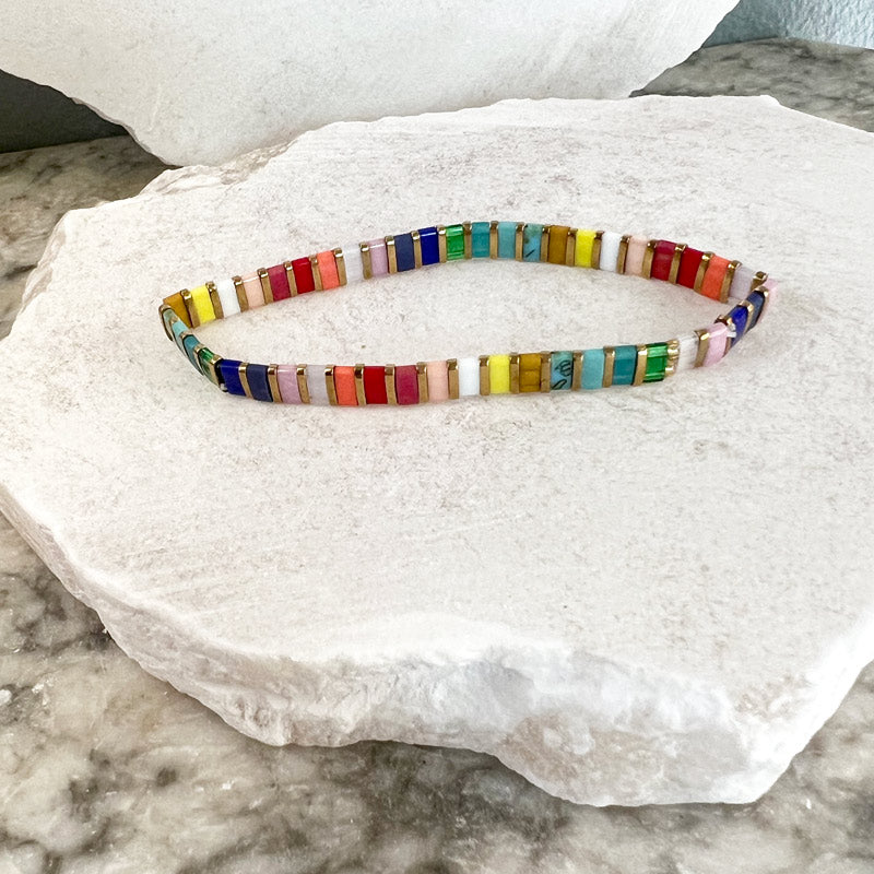 Glass tile bracelet multicolor rainbow - gold