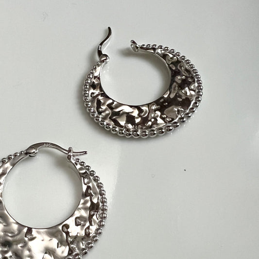 Hammered crescent hoop silver