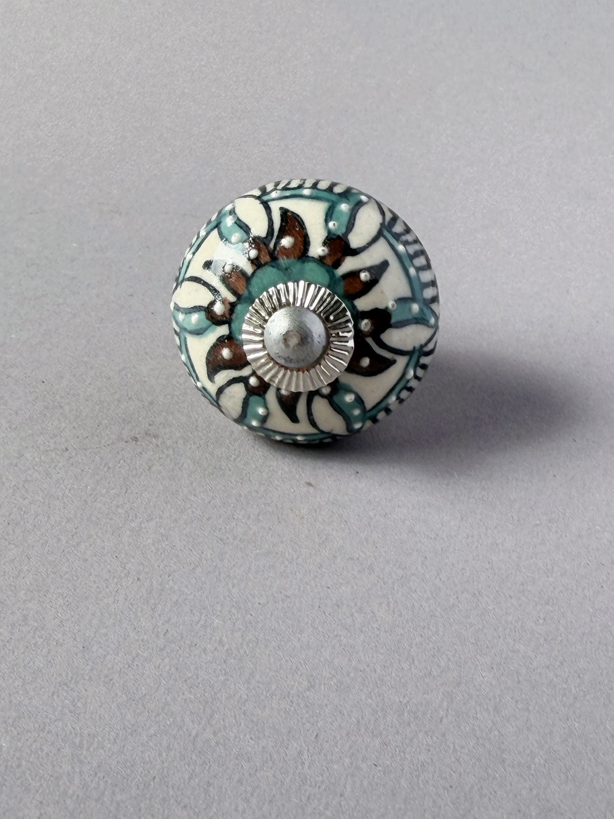 Ceramic Knob brown & turqoise ornamental
