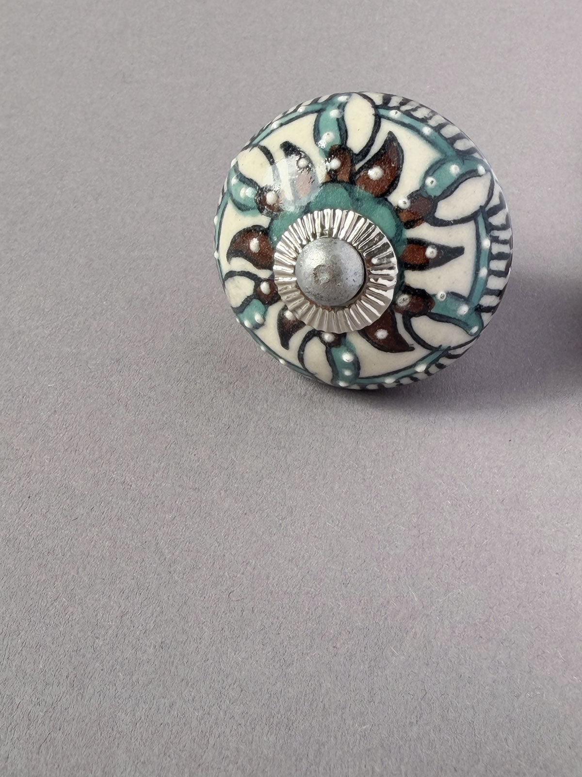 Ceramic Knob brown & turqoise ornamental