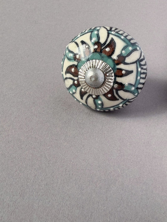 Ceramic Knob brown & turqoise ornamental