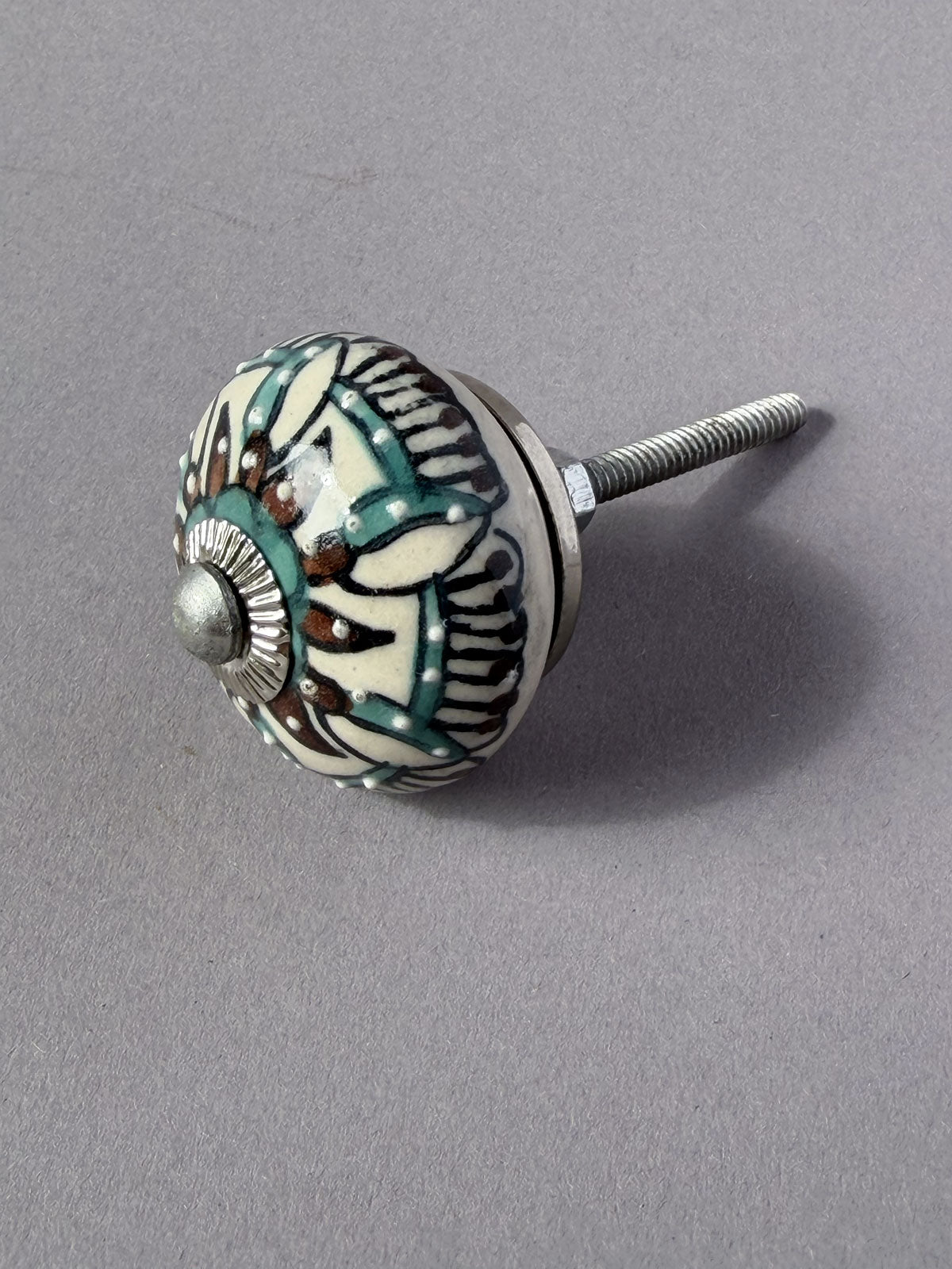 Ceramic Knob brown & turqoise ornamental