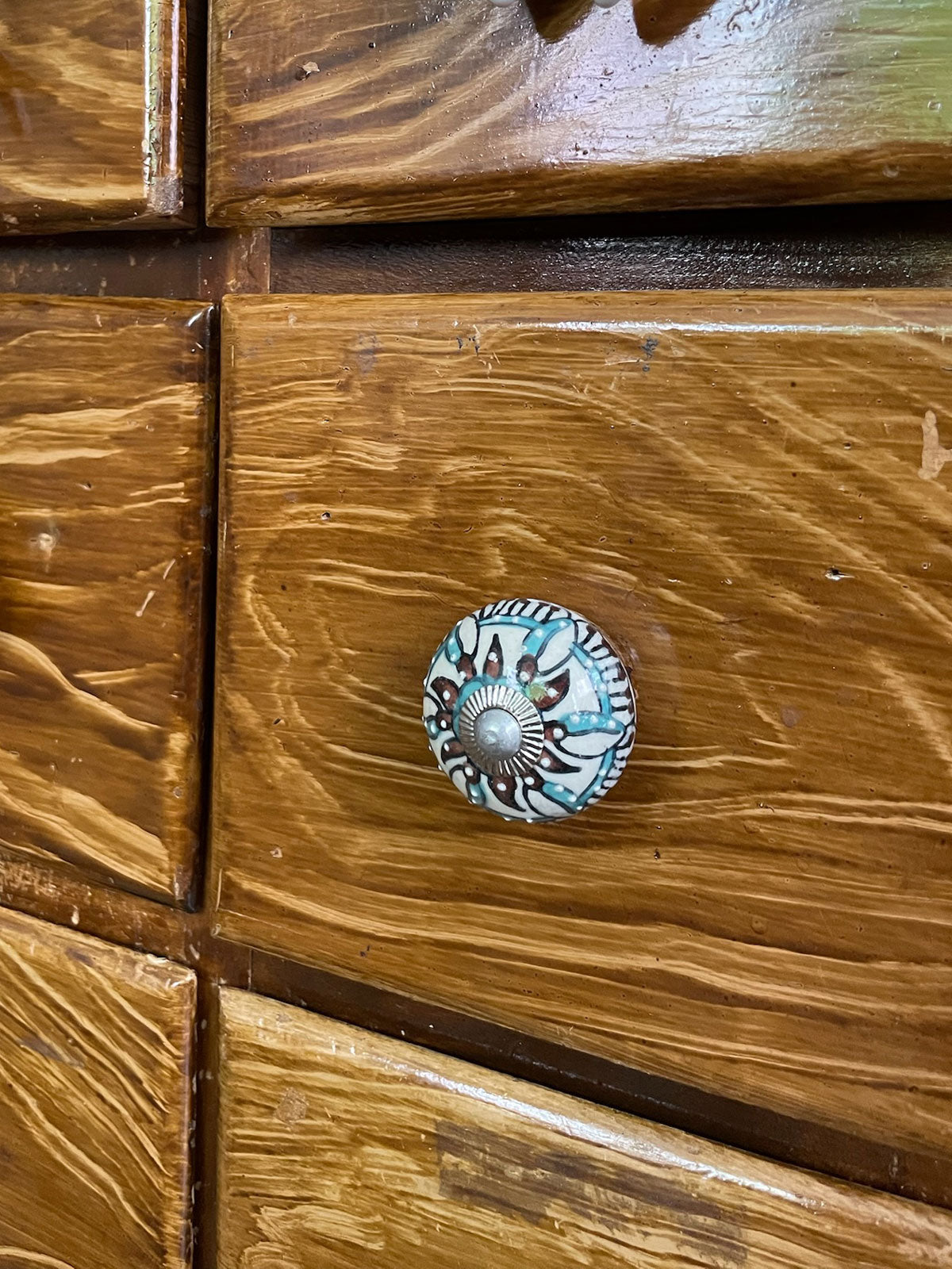 Ceramic Knob brown & turqoise ornamental